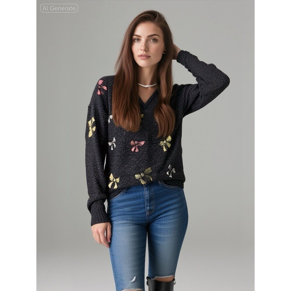 Vintage Mariea Kim Knitted Sweater Metallic glitter Bow Details Black Sz M